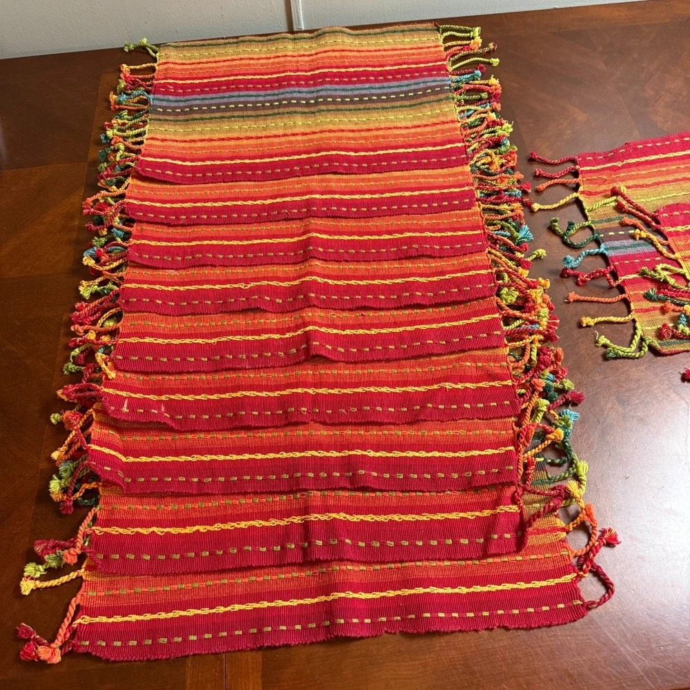 Pier 1 Imports 14pc Table Set 13 Placemats + Runner Red Striped Boho Fringe